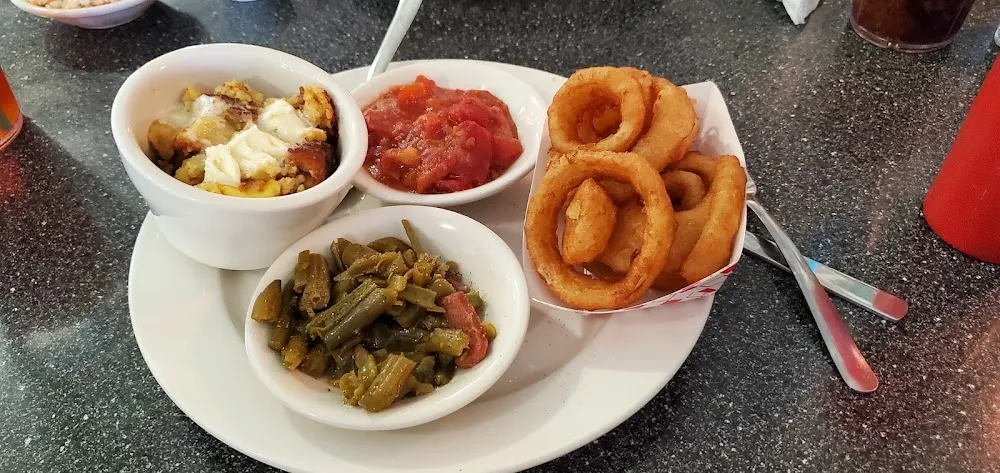 Vegetable Plate Stewed Tomatoes Green Beans Onion Rings & Spoonbread